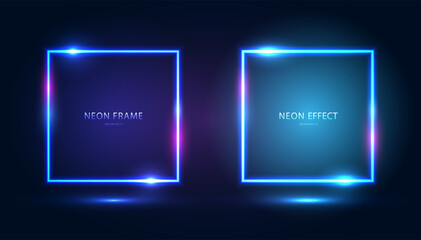 A set of square neon frames with shining effects, highlights on a dark blue background. Futuristic modern neon glowing banners. Vector EPS 10.