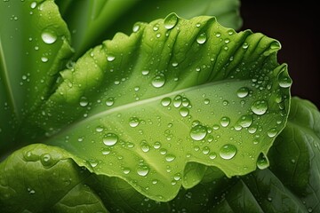 Fresh green lettuce leaves in close up macro with water drops, high resolution. Generative AI