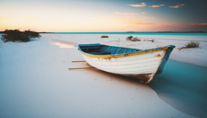 Naklejka premium Small Fishing Boat on the shore of a White Beach on an Tropical Island - beautiful summer day. Generative AI