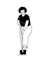 Woman digging up ground with shovel. Spring gardening concept. Linear vector illustration.
