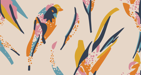 Colorful Summer Vector Illustration, Birds and Feathers