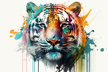Colorful portrait of tiger on white background with grunge splashes