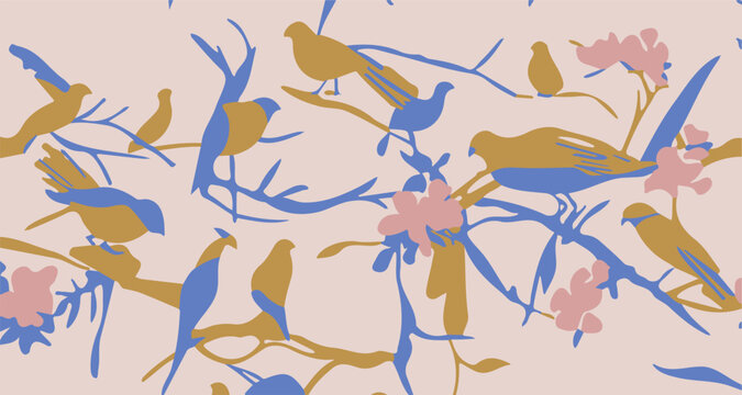 Pastel Birds and Cherry Blossom Vector Illustration