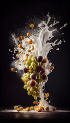 Bunch of White Grapes Creatively Falling-Dripping Flying or Splashing on Black Background AI Generative