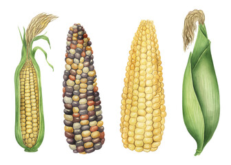 Corn watercolor illustration. Food hand drawn clipart set. Botanical collection.