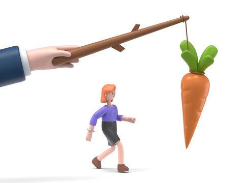 3D illustration of smiling European businesswoman Ellen running for bait,Big hand holds carrots on stick.Incentive concept. Business metaphor. Personnel management leadership. Motivate people. 3D rend