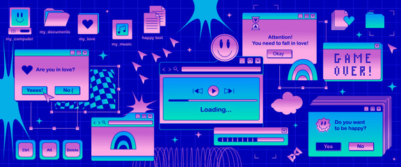 The screen of an old retro PC in the y2k style. Retro wave and vaporwave background. Bright vintage computer interface