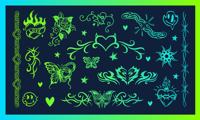 A set of acid tattoos. Neon temporary tattoos in retro style of the 90s, 2000s. Heart, butterfly, chain, curb.