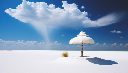 Naklejka na ściany i meble A lone Beach Umbrella on a White Vast Beach with Beautiful Blue Sky waiting for Summer Holydays. Generative AI