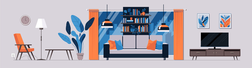Interior with stylish furniture and home decor items. Cozy living room or apartment in trendy modern style. Illustration Bright raster flat cartoon.