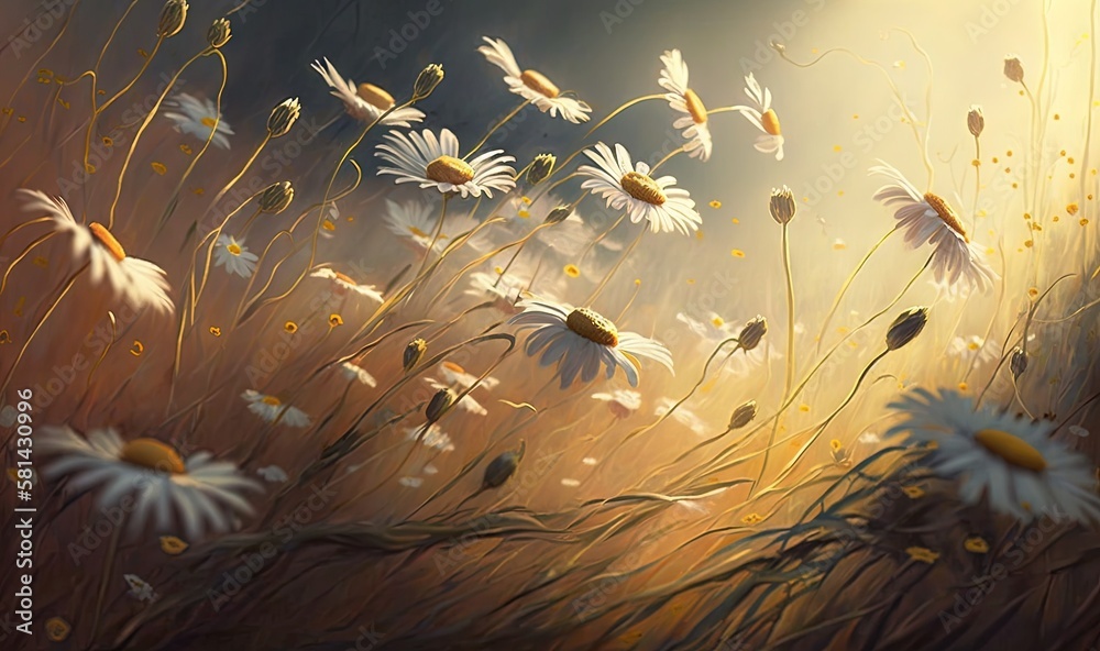 Canvas Prints a painting of a field of daisies with the sun shining through the clouds. generative ai