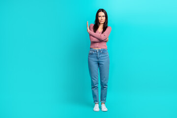 Full body size photo of veto concept young woman against feminism discrimination stop hand symbol look empty space isolated on blue color background - obrazy, fototapety, plakaty