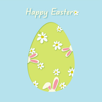 Spring Easter design with cute bunnies and flowers with blue background