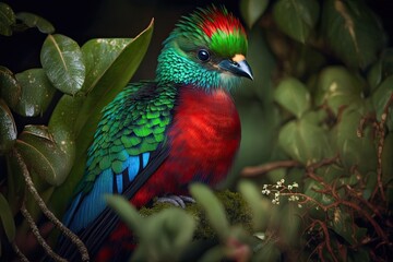 Resplendent Savegre, Costa Rica, Quetzal, Pharomachrus mocinno, with a backdrop of a lush forest. Wonderful mystical green and red bird. observing birds in a bush. Generative AI