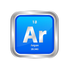 Icon structure Argon (Ar) number 18 chemical element square blue line silver. Periodic table. Sign with atomic number. Study in science for education. 3D vector illustration.