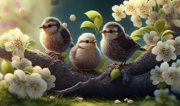  a painting of three birds sitting on a branch of a tree.  generative ai