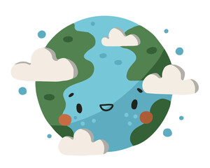 Hand drawn cartoon illustration of a planet earth with clouds earth day