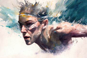 Female swimmer underwater side view, watercolor painting, created with Generative AI technology.