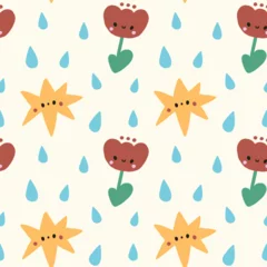 Foto op Aluminium Hand drawn seamless vector kids pattern with abstract shapes, pattern with flowers and raindrops © katyamatya