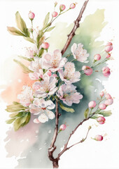 Cherry blossom branch watercolor painting, created with Generative AI technology.