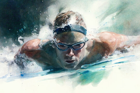 Male swimmer underwater front view, watercolor painting, created with Generative AI technology.