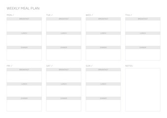 A weekly meal plan design template in a modern, simple, and minimalist style. Note, scheduler, diary, calendar, planner document template illustration.