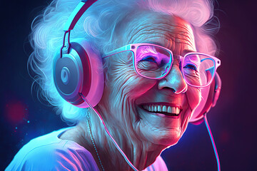 Grandma listens to music. Cool grandmother wearing headphones listening music. generative ai. Forever young elderly hipster woman enjoys a favourite song