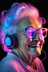 Grandma listens to music. Cool grandmother wearing headphones listening music. generative ai. Forever young elderly hipster woman enjoys a favourite song