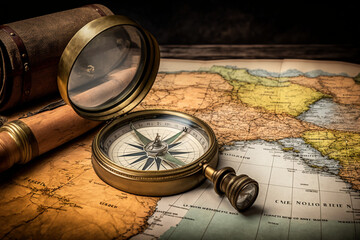 A compass lies on a map - symbolizing the idea of exploration and travel adventure
