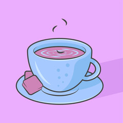 Blue cup with tea on saucer. Vector illustration. Mug with tea and tea leaves isolated on pink background.