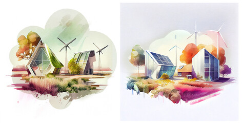 Minimalistic watercolor of ecological urban farm. Generative ai