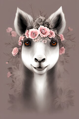 Postcard. Front view closeup portrait of a lovely lama with flowers on a plain background, illustration. generative AI
