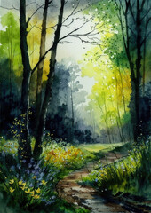 Obraz premium Spring landscape trees in the forest, watercolor painting, created with Generative AI technology.