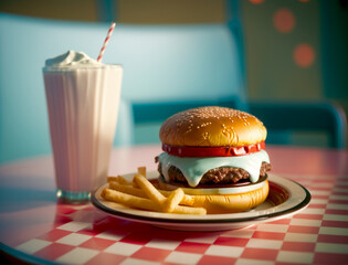 An appetizing shot of a burger on a retro diner-style plate, with a side of crispy fries and a...