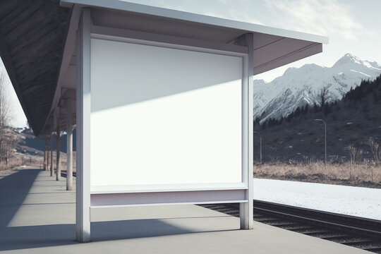 Billboard mockup at the highway in forest, sunrise setting with fog and nature. AI generated image..