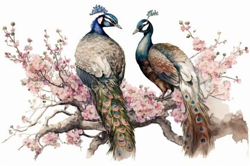 Watercolor full body peacocks on cherry blossom boom. 