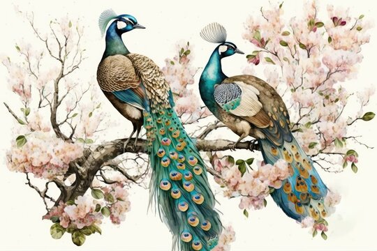 Watercolor full body peacocks on cherry blossom boom. 