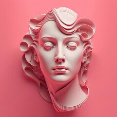 A design of a woman's face sculpture on a pink background. Generative AI