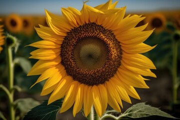 natural background of sunflowers. a sunflower in bloom. Sunflower up close. Sunflowers stand for adoration, fidelity, and endurance. Generative AI