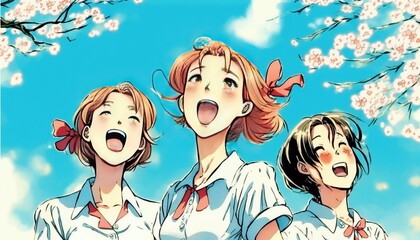 桜の木の下で笑っている春の3人の女子学生 Generative AI
