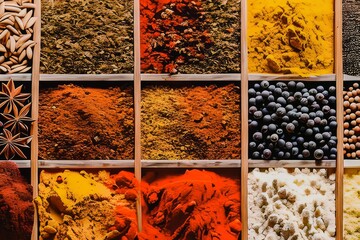 Pile of various spices on wooden table