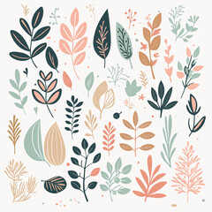 Set of hand drawn shapes and floral design elements. Exotic jungle leaves, flowers and grass.