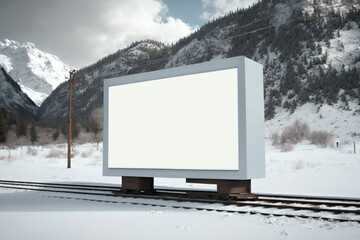 Billboard mockup at the highway in forest, sunrise setting with fog and nature. AI generated image