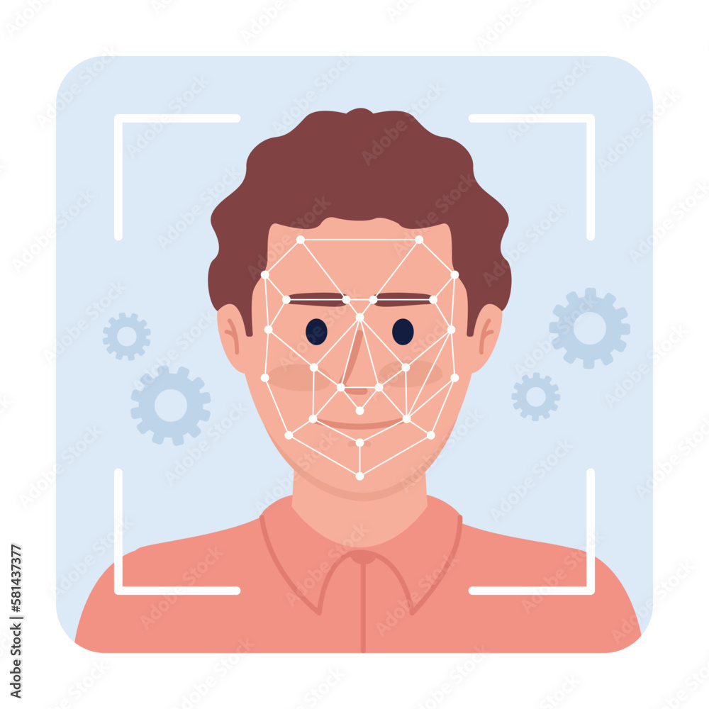 Poster facial recognition technology flat concept vector spot illustration. editable 2d cartoon character o