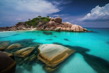 At Koh ha, Similan No. 5, a Group of Similan Islands in the Andaman Sea of Thailand, there is lovely ocean water with a sky. Generative AI
