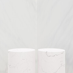 Empty white marble podium on pastel background. Concept scene stage showcase for new product, promotion sale, banner, presentation, cosmetic, ranking
