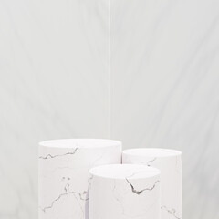 Empty white marble podium on pastel background. Concept scene stage showcase for new product, promotion sale, banner, presentation, cosmetic, ranking