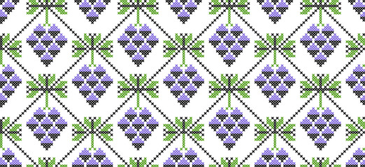 Grapes bunch vector seamless pattern. Background, texture for wine or juice label design. Grapes pattern. Pixel art, vyshyvanka, cross stitch