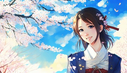 桜の木の下で微笑む女子学生 Generative AI