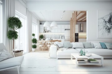 Interior design in a minimalist Scandinavian modern white comfy environmental style. modern interior design. open area. Generative AI